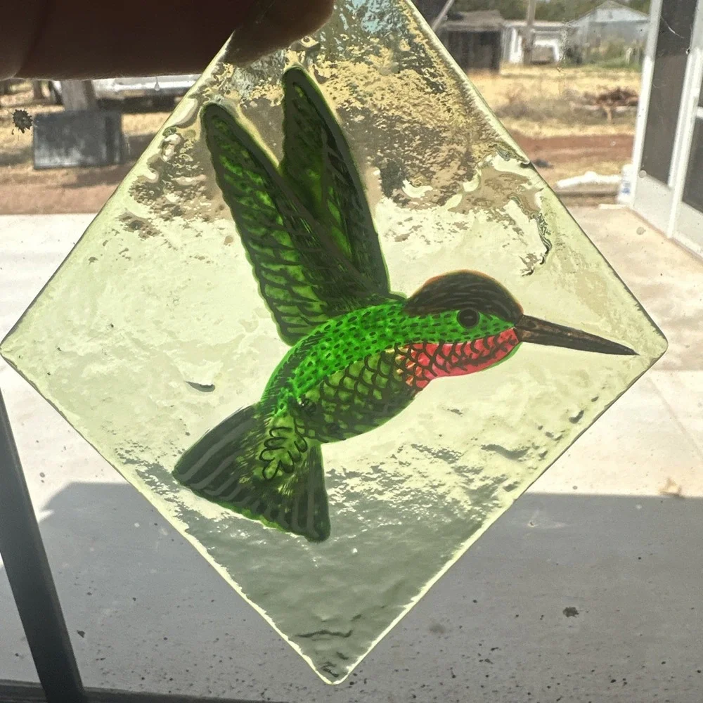 Vintage Hummingbird Suncatcher Stained Glass Diamond Window Hang Ruby-Throated